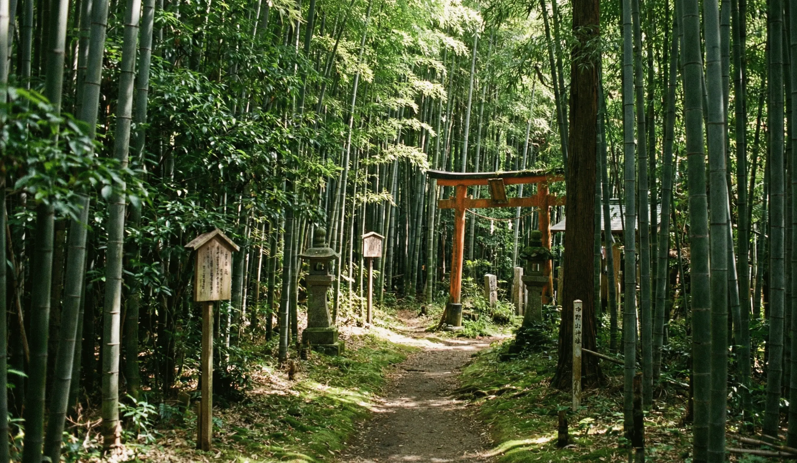Hidden bamboo grove path located on the quiet back trails of Mount Inari in Kyoto