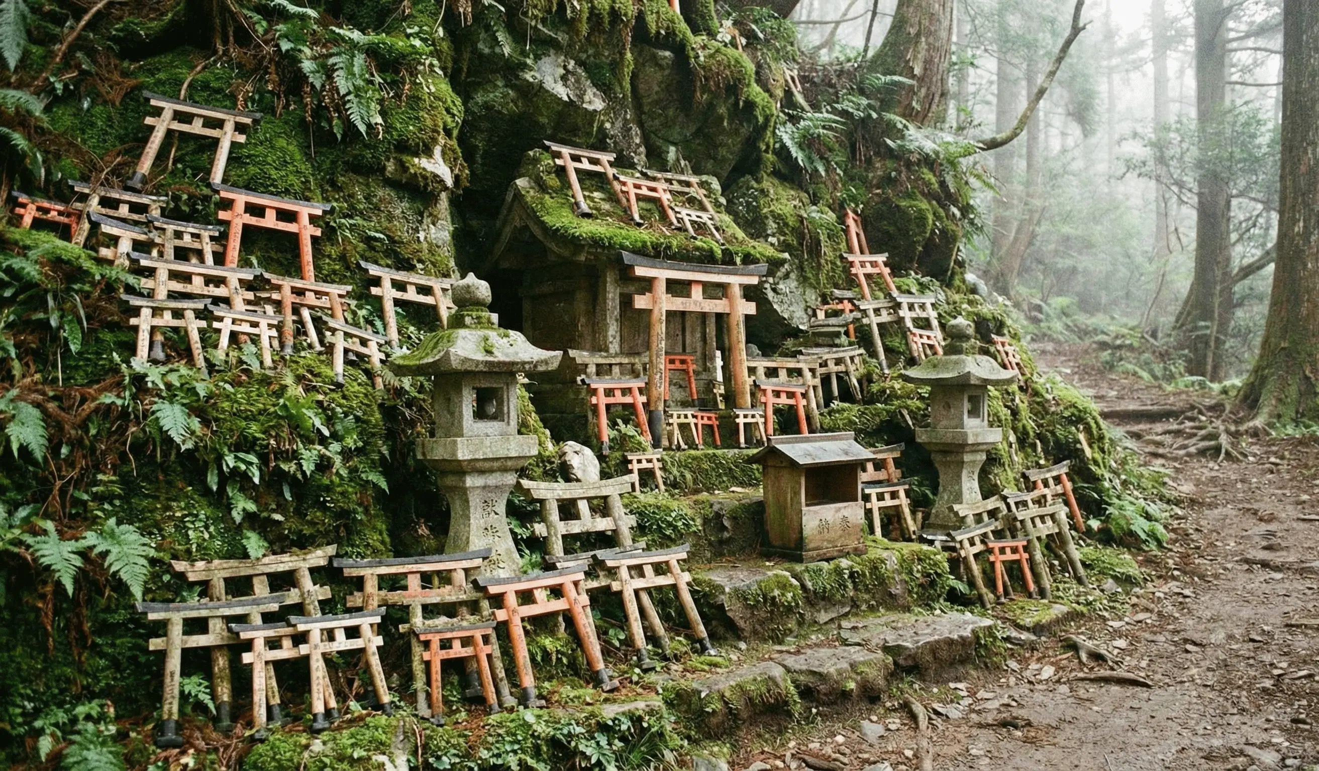 Traditional offerings of mini torii gates at a sacred mountain sub-shrine on Mount Inari