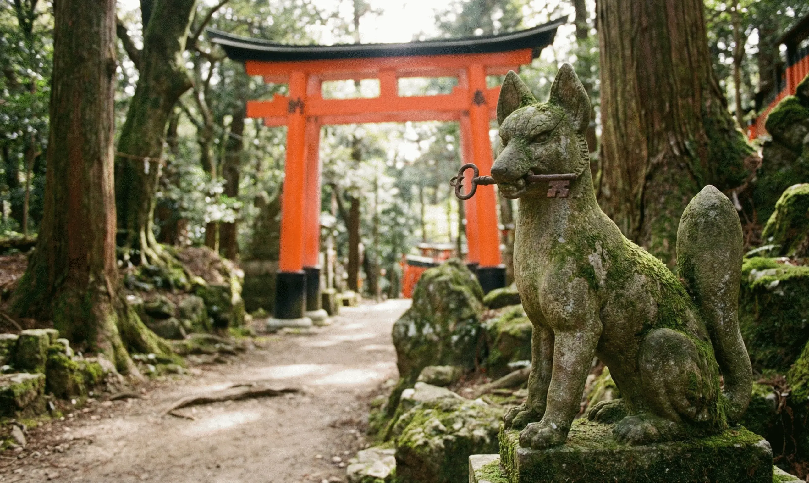 Sacred Kitsune fox statue with a key in its mouth at Fushimi Inari Shrine in Kyoto