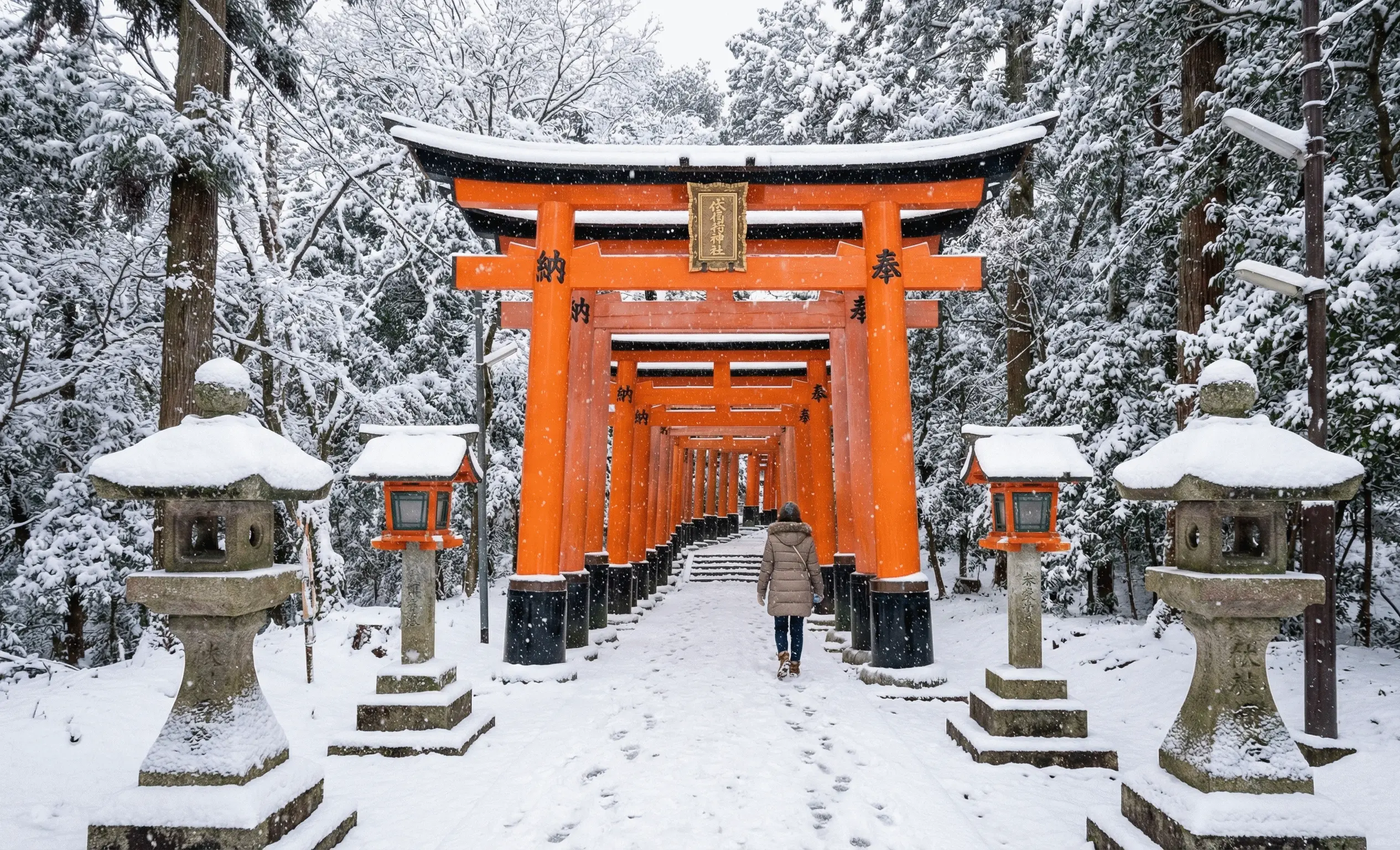 Rare winter snow covering the iconic orange torii gates of Fushimi Inari in white